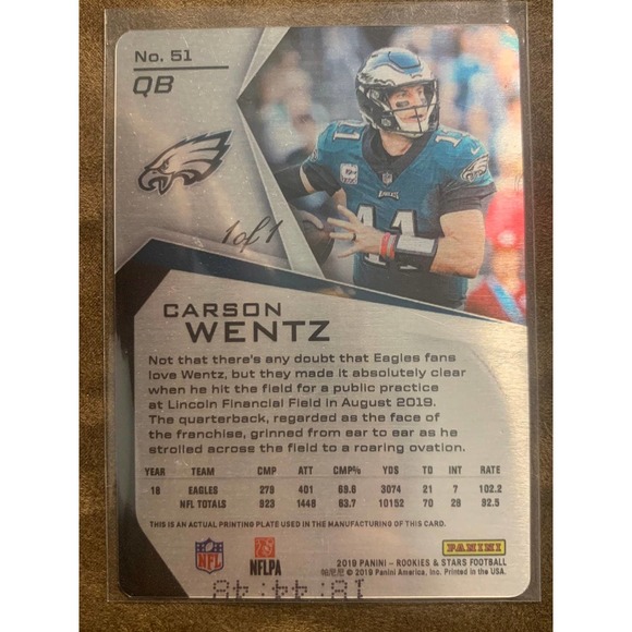 2019 Panini Carson Wentz 1/1 Cyan‎ Plate - Picture 2 of 2
